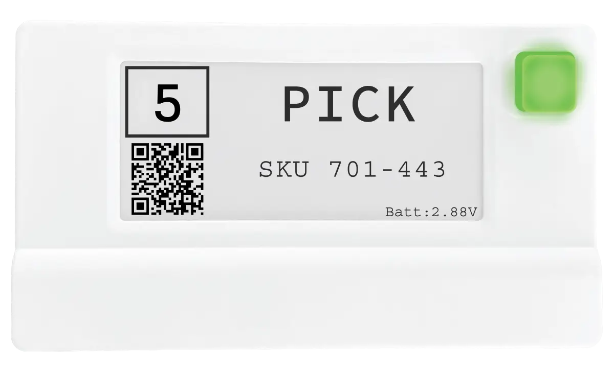 Voodoo Robotics Modern Cloud Display showing a pick instruction with SKU and glowing green confirmation button