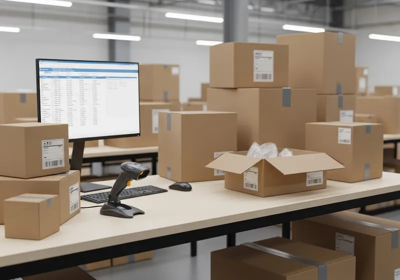 Warehouse packing station with a barcode scanner, monitor, and boxes ready to ship