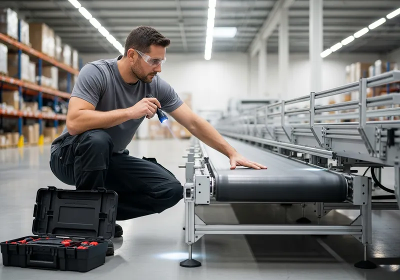 Maintenance technician inspecting a stopped warehouse conveyor line