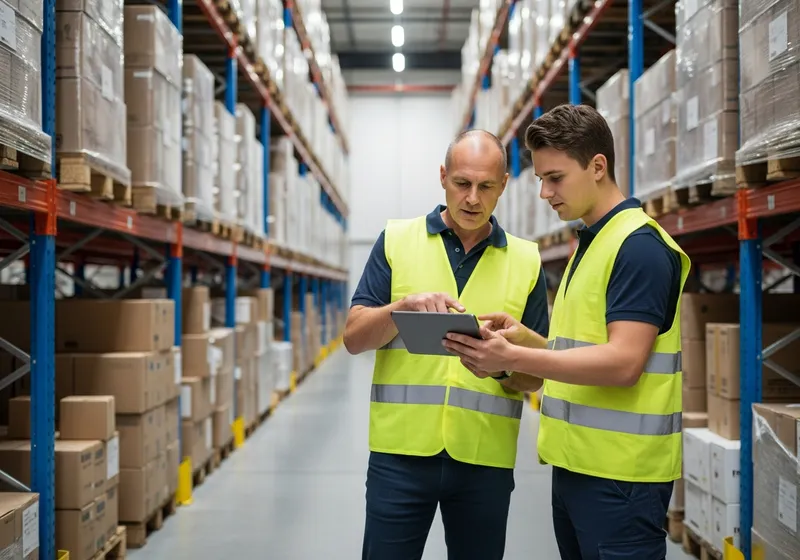 Warehouse supervisor training a new employee with a tablet in an aisle