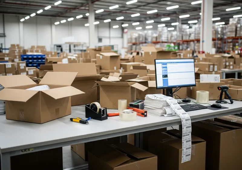 Returns processing desk piled with opened boxes and return labels