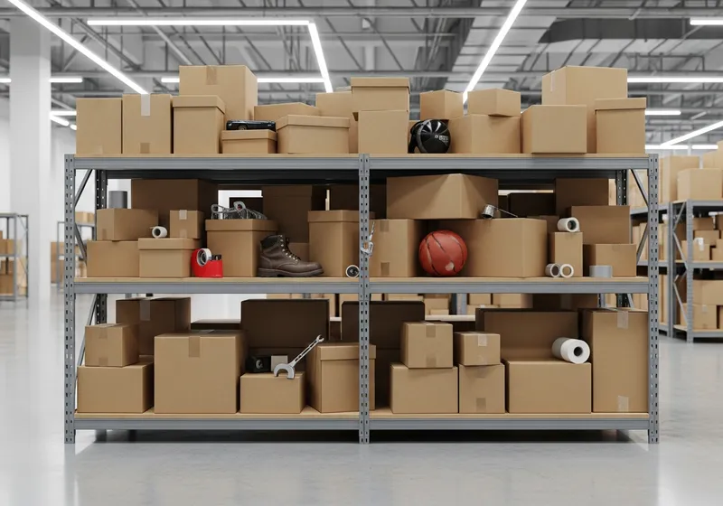 Disorganized warehouse shelf with mixed unlabeled boxes and misplaced items