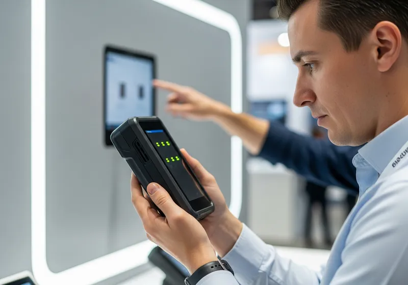 Trade show visitor examining a small warehouse electronic device at a booth