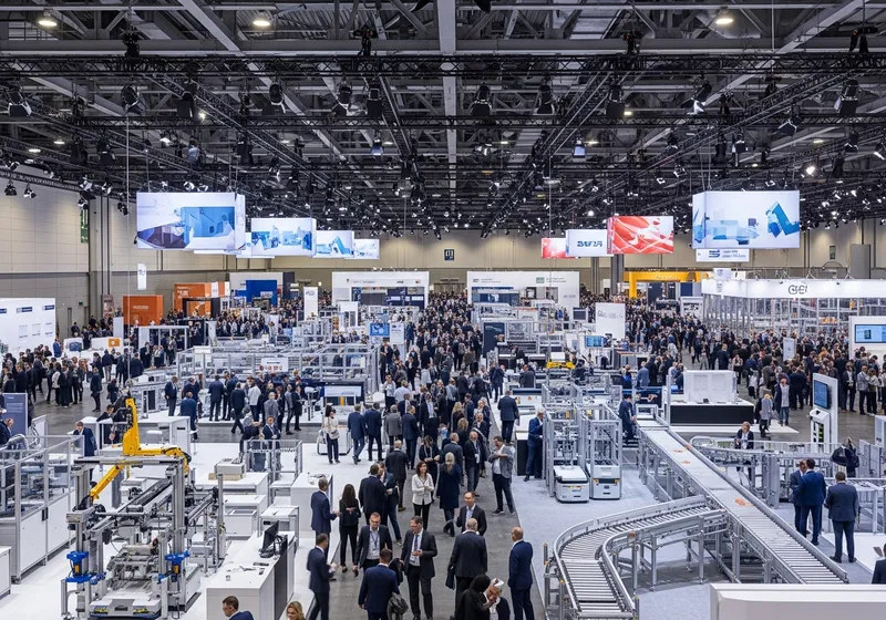Large supply chain exhibition hall with crowds among automation displays