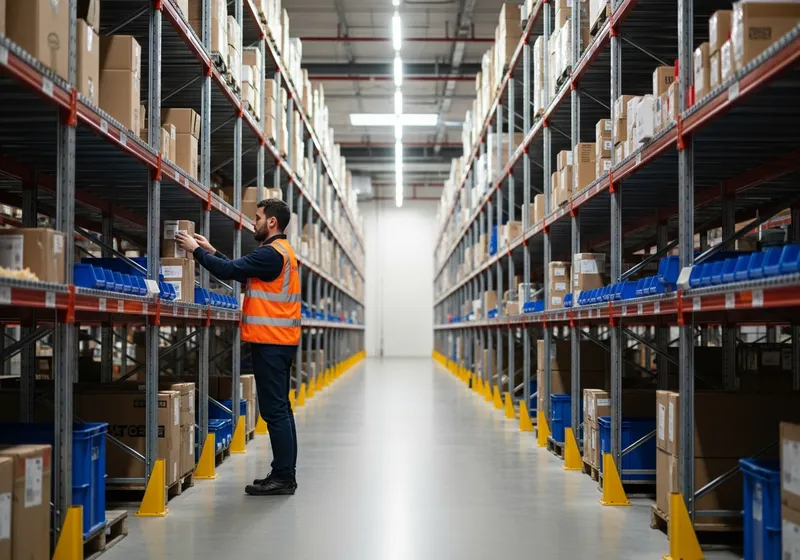 Warehouse worker picking an order from shelving in an active aisle