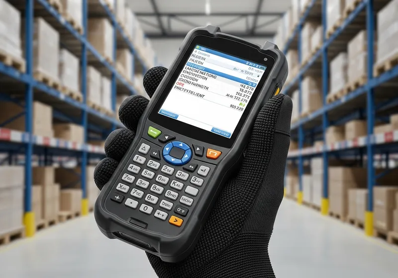 Rugged RF handheld terminal with keypad held in a gloved hand