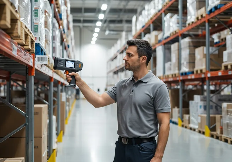 Warehouse worker using an RF handheld scanner gun to scan a pallet rack location