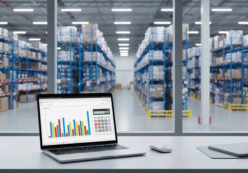 Laptop with performance charts and a calculator in a warehouse office