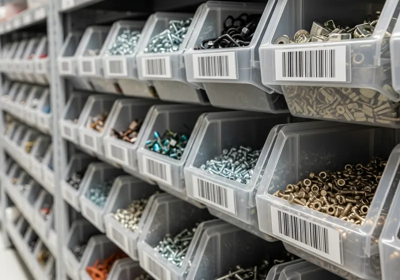 Warehouse shelf bins with clear barcode location labels on shelf edges