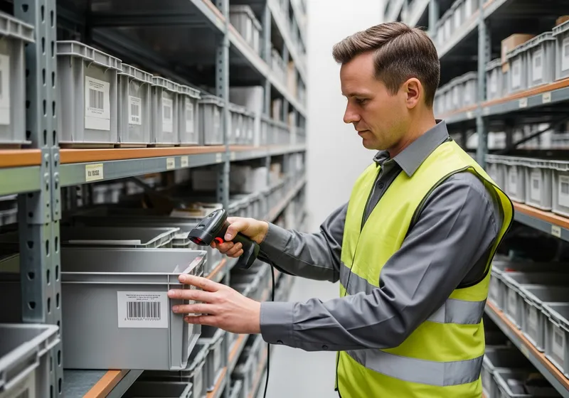 Warehouse worker scanning a barcode label on a labeled storage bin