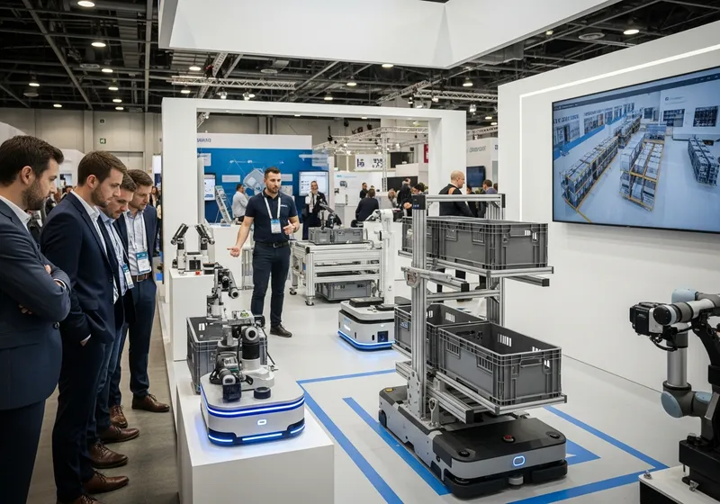 Attendees watching a warehouse robotics demonstration at a trade show booth