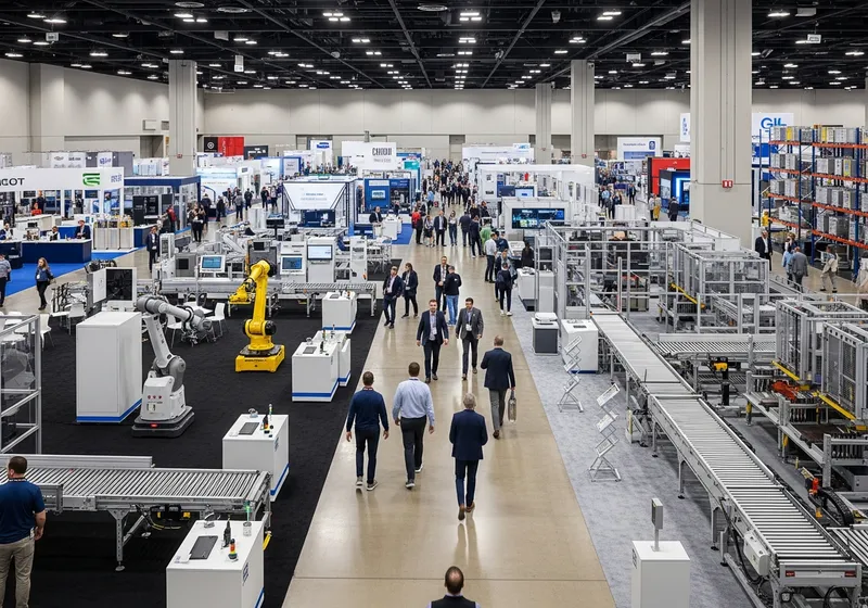 Material handling trade show floor with automation booths and attendees