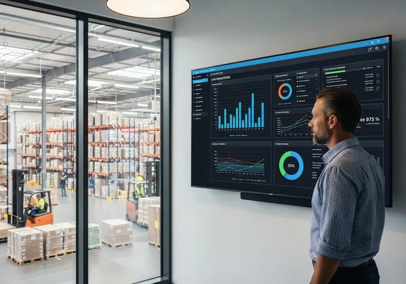Operations manager viewing real-time warehouse activity on a large screen